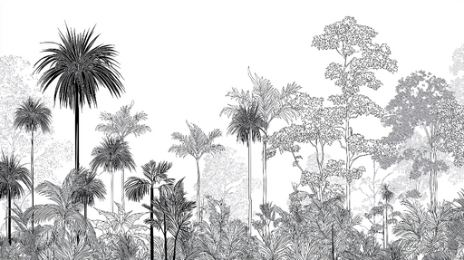 Papier peint jungle minimaliste Silhouettes de palmiers et feuillages détaillés en noir et blanc