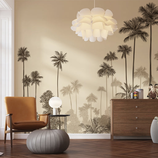 Une pièce moderne avec un papier peint tropical beige illustrant des palmiers en silhouettes sombres, créant une ambiance relaxante et chaleureuse.