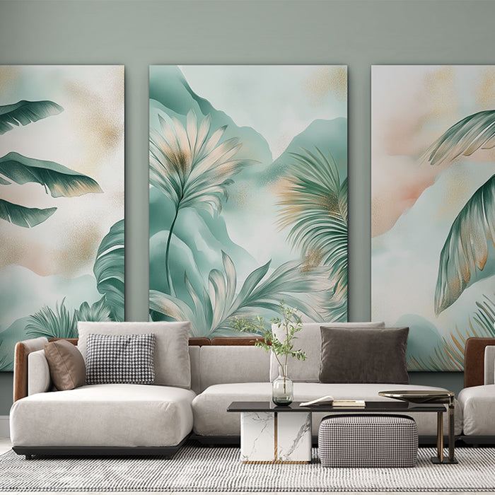 Un salon moderne avec un papier peint tropical aux teintes douces de vert et beige, illustrant de grandes feuilles exotiques pour une ambiance apaisante et naturelle.
