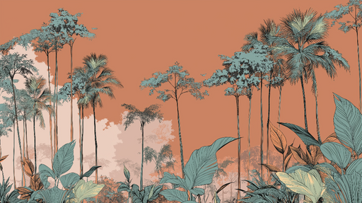 Papier peint jungle moderne Feuilles tropicales et palmiers sur fond orangé