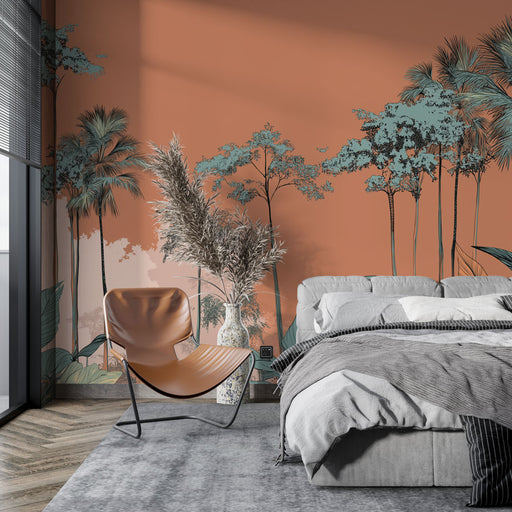 Une chambre moderne avec un papier peint terracotta illustrant des palmiers et des feuillages, créant une ambiance chaleureuse et tropicale.