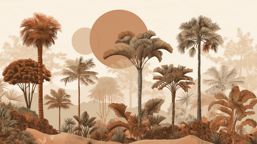 Papier peint jungle moderne Palmiers et feuillage stylisé dans des tons terreux