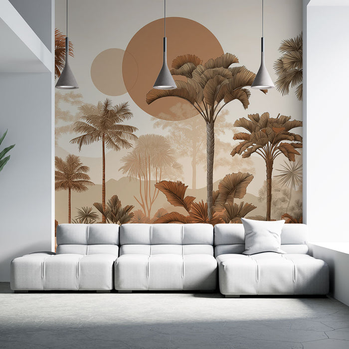 Papier peint jungle moderne | Palmiers et feuillage stylisé dans des tons terreux