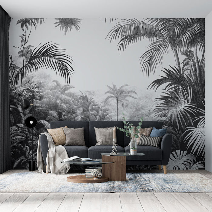 Papier peint jungle monochrome | Illustration artistique de feuillage luxuriant en noir et blanc