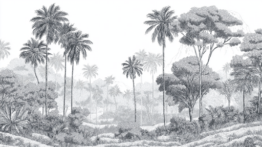 Papier peint jungle monochrome Paysage dense de palmiers et verdure subtile
