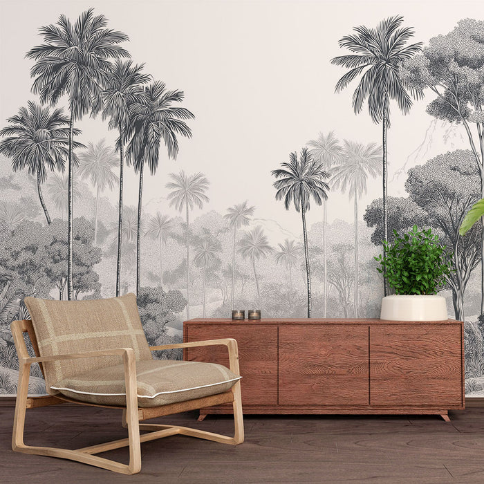 Papier peint jungle monochrome | Paysage dense de palmiers et verdure subtile
