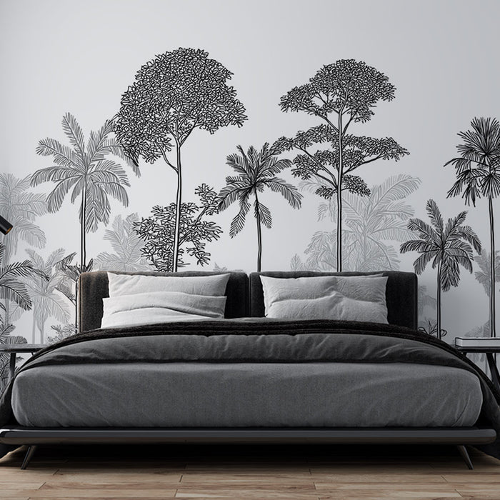 Une chambre moderne avec un papier peint noir et blanc représentant des silhouettes d'arbres et de palmiers, créant une ambiance élégante et apaisante.