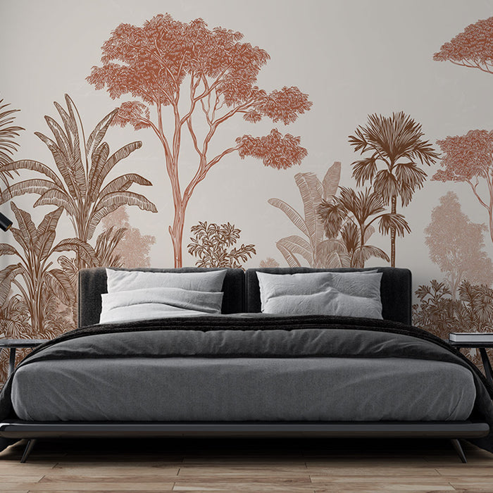 Une chambre moderne avec un papier peint représentant des arbres et des plantes en teintes terracotta sur un fond clair, créant une ambiance chaleureuse et naturelle.