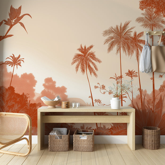 Une pièce lumineuse avec un papier peint tropical aux motifs de palmiers et de fleurs dans des teintes orangées, créant une atmosphère chaleureuse et accueillante.