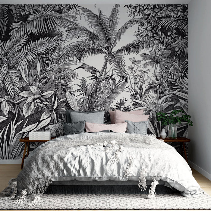 Papier peint jungle | Motif tropical avec plantes et oiseaux