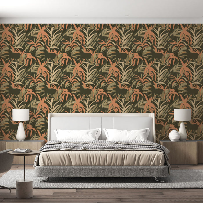 Une chambre moderne avec un papier peint tropical aux motifs de feuillage dans des teintes vertes et terracotta, créant une ambiance chaleureuse et naturelle.