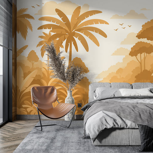 Une chambre moderne avec un papier peint tropical aux teintes ocres représentant des palmiers et une végétation luxuriante, créant une atmosphère chaleureuse et apaisante.
