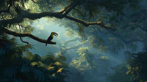 Papier peint jungle mystérieuse Un toucan perché dans un environnement tropical luxuriant