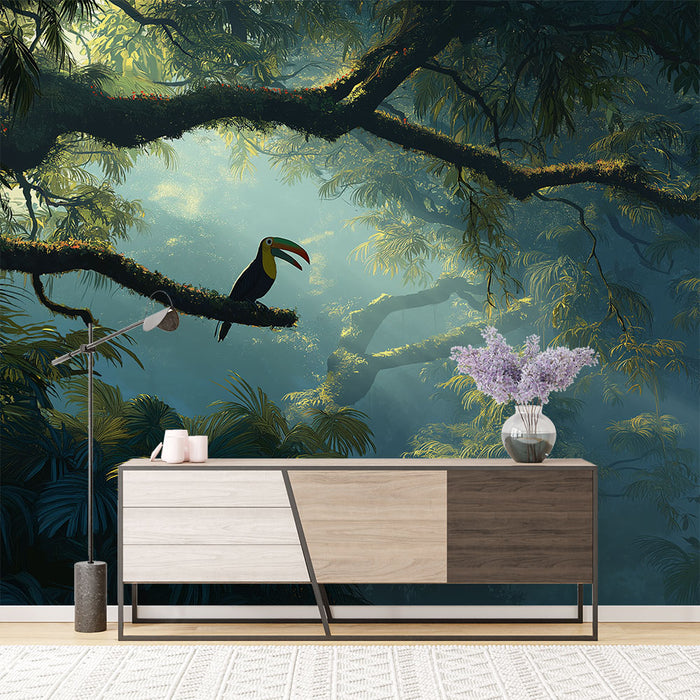 Papier peint jungle mystérieuse | Un toucan perché dans un environnement tropical luxuriant