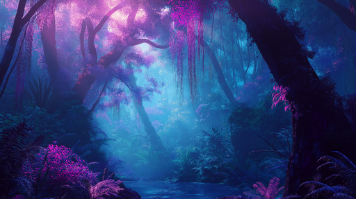 Papier peint jungle mystique Paysage tropical avec lumière violette et bleue