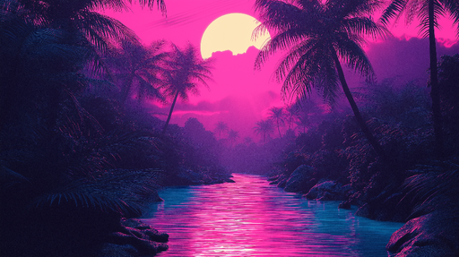 Papier peint jungle néon Un paysage aquatique vibrant à l'aube d'une jungle tropicale.