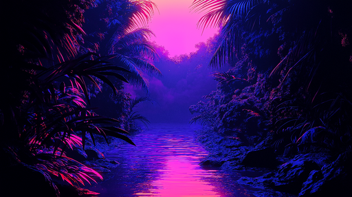 Papier peint jungle nocturne Rivière mystique illuminée par des teintes violettes et roses