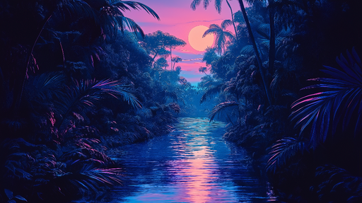 Papier peint jungle nocturne Rivière scintillante sous un ciel violet