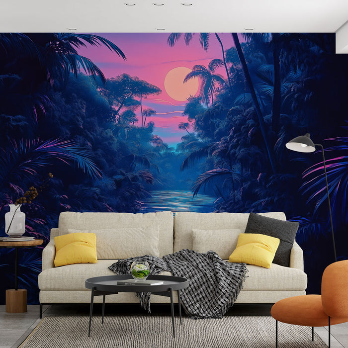 Un salon moderne avec un papier peint tropical représentant une jungle luxuriante sous un coucher de soleil aux teintes roses et violettes, créant une atmosphère apaisante et immersive.