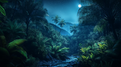 Papier peint jungle nocturne Scène apaisante d'une jungle sous la lune