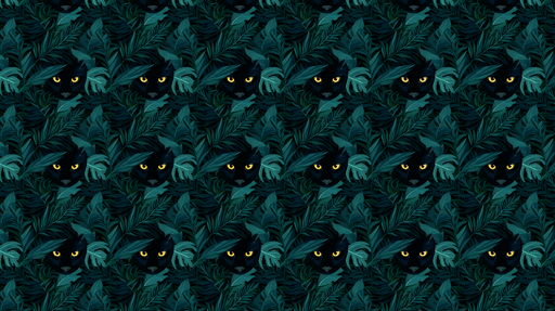 Papier peint jungle nocturne Têtes de félins cachées derrière des feuillages luxuriants