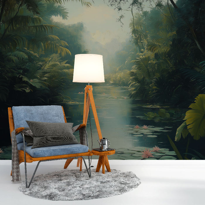 Une pièce cosy avec un papier peint tropical représentant une scène de jungle luxuriante et apaisante, évoquant la sérénité et la nature.