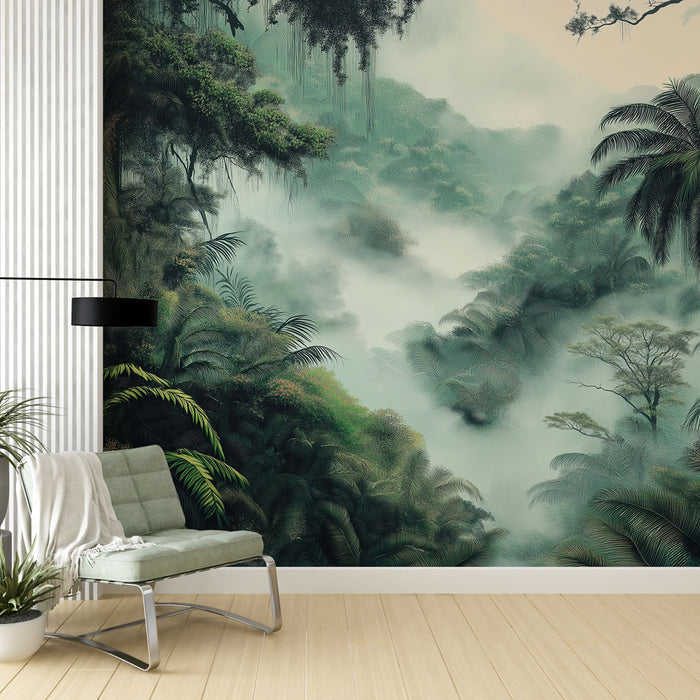 Papier peint jungle | Paysage de jungle brumeuse avec palmiers