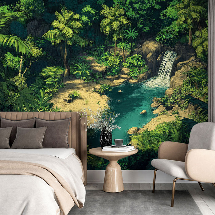 Papier peint jungle | Paysage luxuriant avec cascade et végétation tropicale