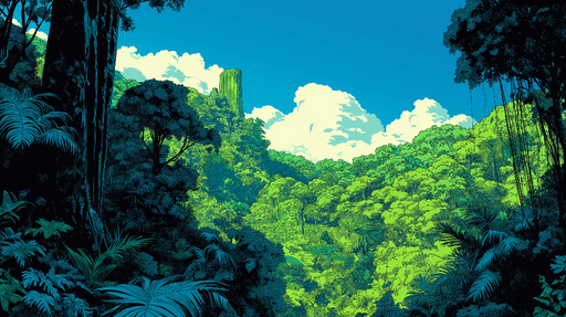 Papier peint jungle Paysage luxuriant avec des nuances de vert et un ciel bleu