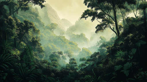 Papier peint jungle Paysage luxuriant de la forêt tropicale avec brume subtile