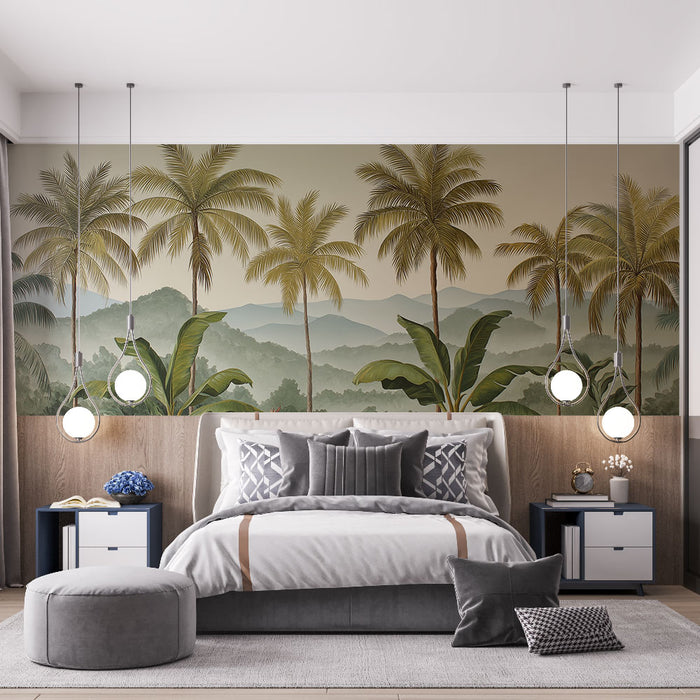 Une chambre moderne avec un papier peint tropical représentant des palmiers et des montagnes dans des teintes douces, créant une ambiance apaisante et naturelle.