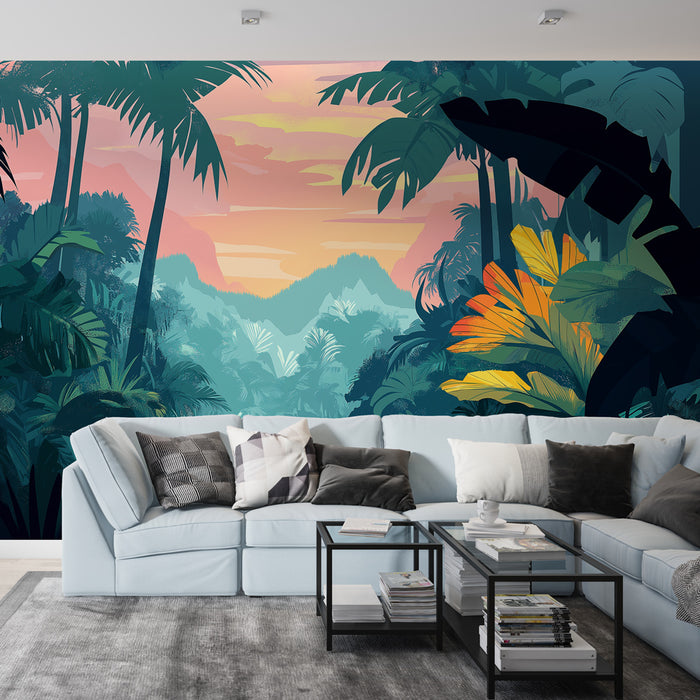 Papier peint jungle | Paysage tropical vibrant au coucher de soleil