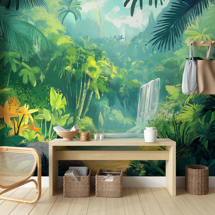 Papier peint jungle | Paysage verdoyant avec cascade et fleurs tropicales