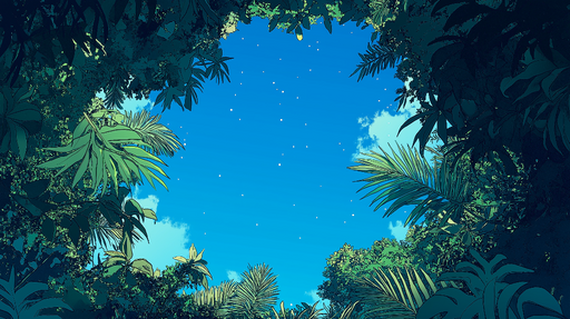 Papier peint jungle Plafond d'une jungle illuminée par le ciel bleu