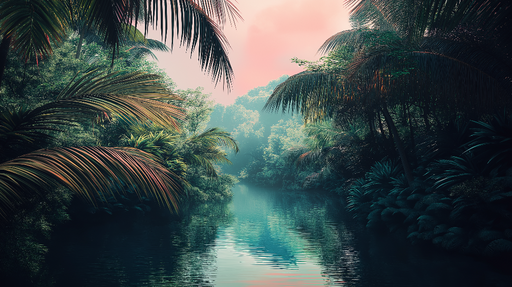 Papier peint jungle Reflet serein des palmiers au bord d'une rivière