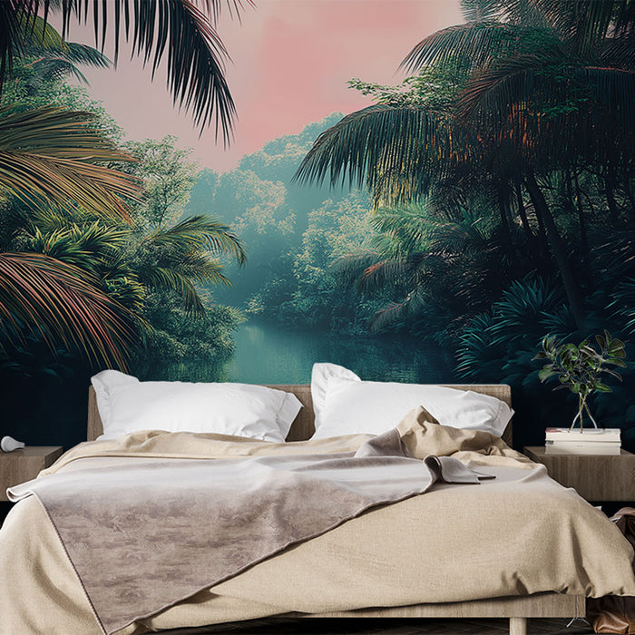 Une chambre apaisante avec un papier peint tropical représentant une jungle luxuriante aux teintes vertes et un ciel rose, créant une atmosphère sereine et immersive.