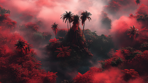 Papier peint jungle rouge Forêt tropicale baignées de brume et de teintes rouges