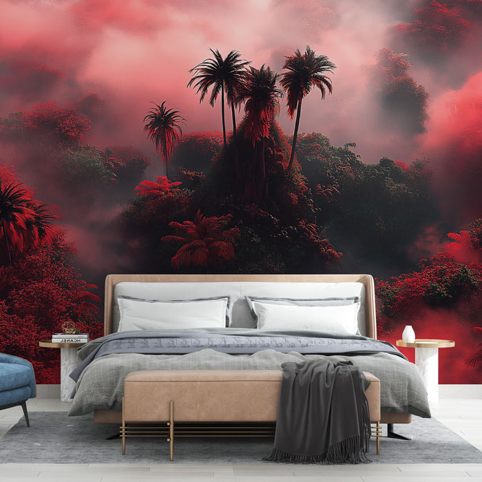 Une chambre moderne avec un papier peint tropical rouge et noir représentant des palmiers émergeant d'une brume mystérieuse, créant une ambiance à la fois dramatique et envoûtante.