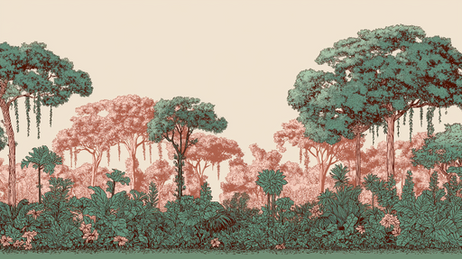 Papier peint jungle Scène tropicale avec des arbres luxuriants et des feuillages colorés