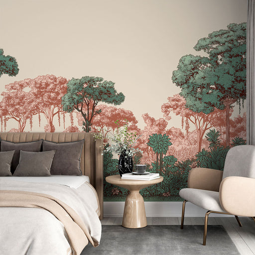 Une chambre moderne avec un papier peint représentant une forêt stylisée aux teintes vertes et terracotta, créant une atmosphère apaisante et naturelle.