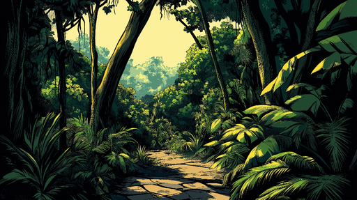 Papier peint jungle Sentier illuminé à travers la verdure luxuriante