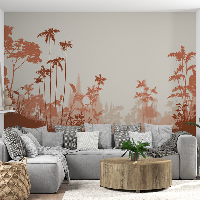 Un salon moderne avec un papier peint tropical aux teintes terracotta représentant des silhouettes de palmiers et de feuillages, créant une ambiance chaleureuse et apaisante.