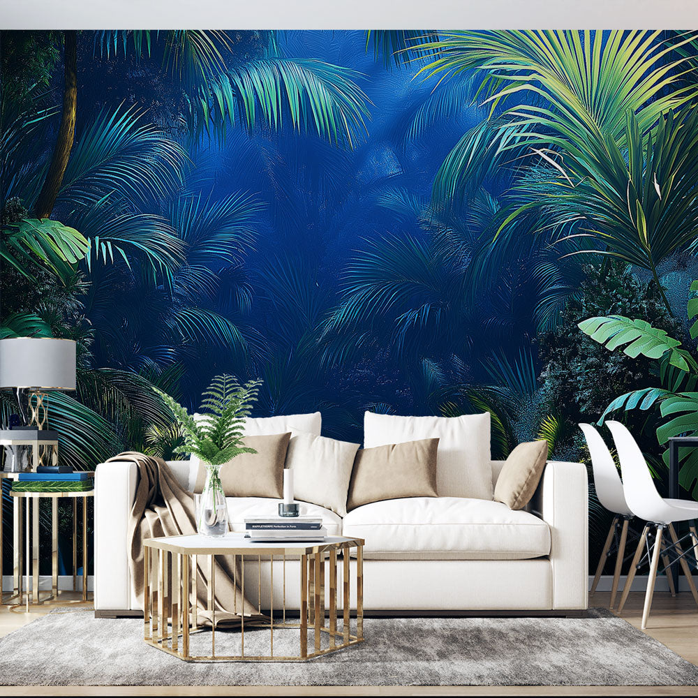 Papier peint jungle | Somptueux feuillage tropical sous un éclairage m ...