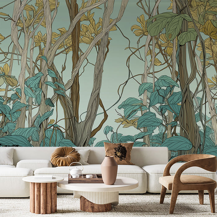 Papier peint jungle stylisé | Feuilles luxuriantes dans des nuances apaisantes