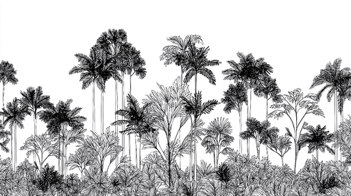 Papier peint jungle stylisé Motif monochrome de palmiers et feuillages tropicaux