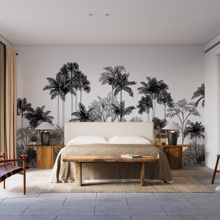 Une chambre moderne avec un papier peint représentant des palmiers en noir sur fond blanc, créant une atmosphère élégante et apaisante.