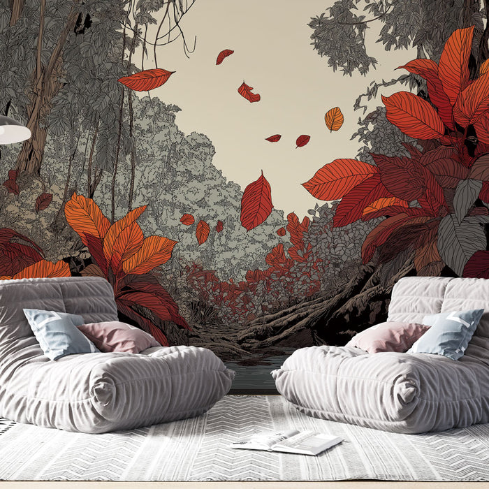 Une pièce moderne avec un papier peint tropical illustrant une forêt dense aux feuilles rouges et grises, créant une atmosphère apaisante et chaleureuse.