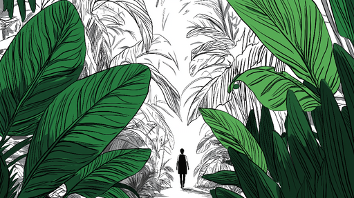 Papier peint jungle stylisée Feuilles vertes luxuriantes et silhouette mystérieuse