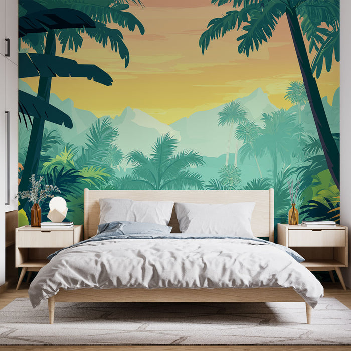 Papier peint jungle | Tapisserie tropicale avec feuillage luxuriant et coucher de soleil