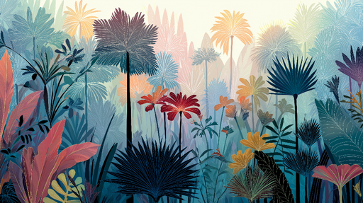 Papier peint jungle tropicale Feuilles et fleurs  dans des teintes apaisantes